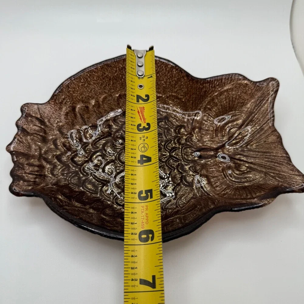 Vintage Owl Glass Dish Trinket‎ Candy Tray Brown Metallic Shimmer Accent Decor